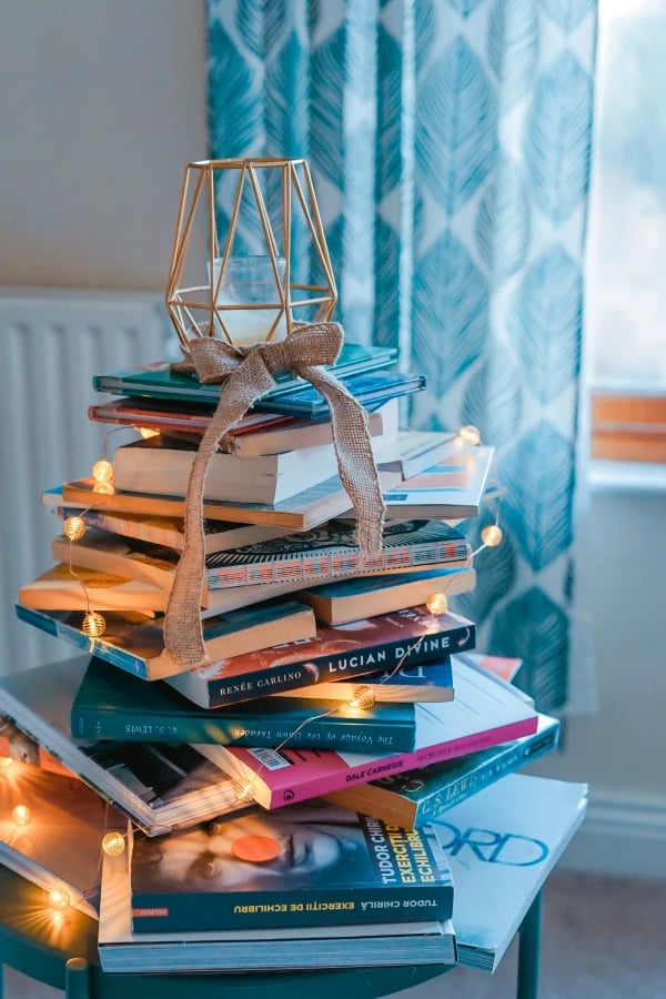 Stack of books with warm ambient light